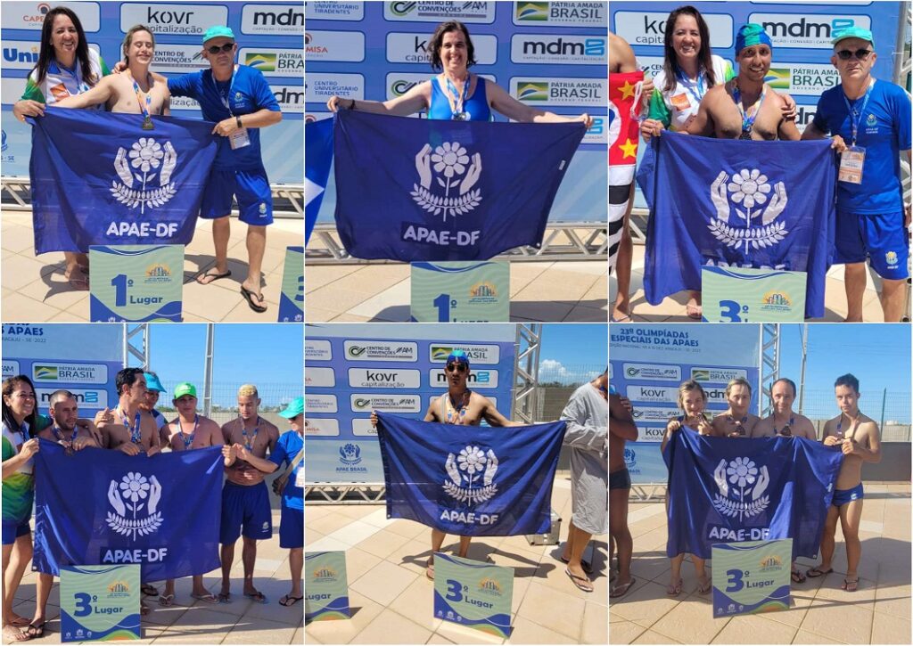 Mosaico com seis imagens mostrando os Atletas da APAE com suas medalhas e segurando a bandeira azul da APAE-DF nos pódios.