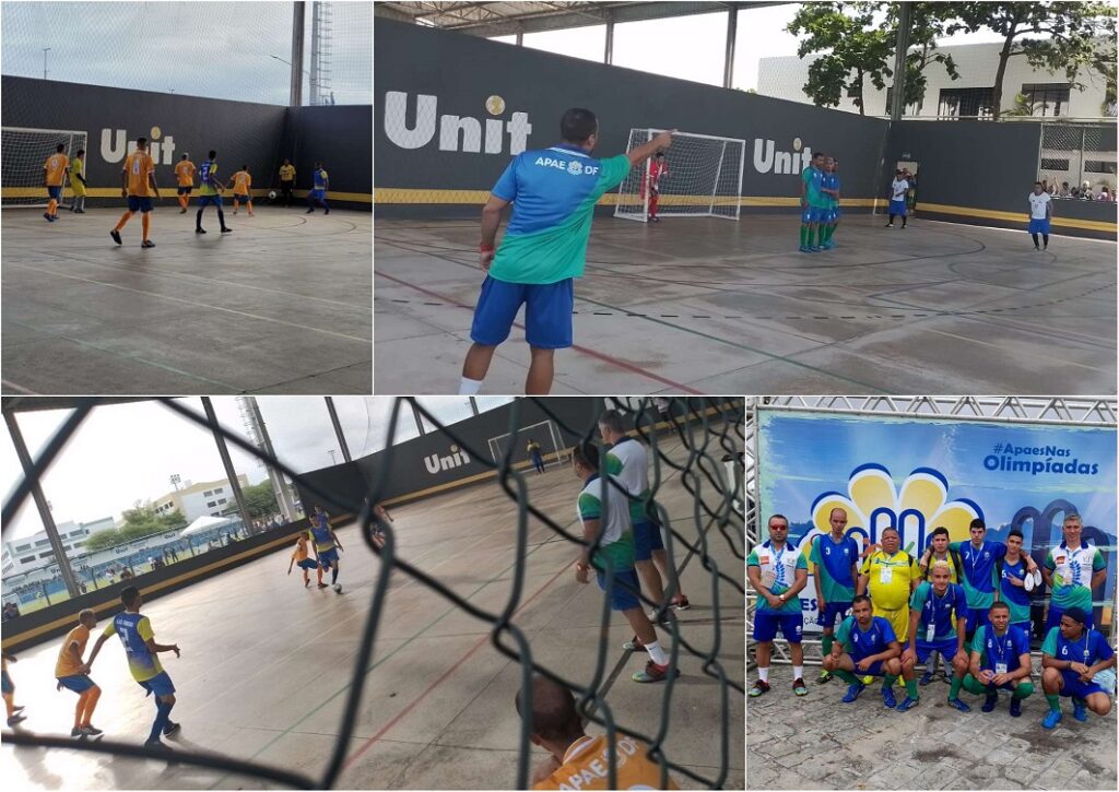 Mosaico com quatro imagens de momentos do jogo de futsal e dos jogadores posando na frente de um painel escrito "Apaes nas Olimpíadas"