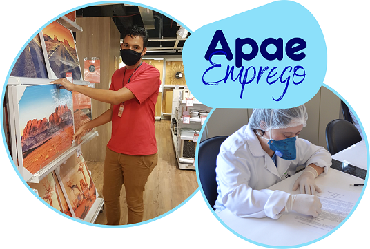 Duas imagens sobrepostas mostram profissionais qualificados pela APAE trabalhando num loja de quadros e num laboratório de conservação de livros. Junto aparece o nome do programa "APAE Emprego".